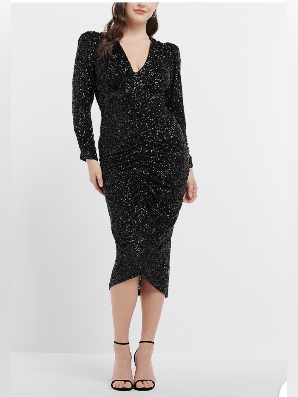 Express Black Sequin V-Neck Ruched Midi Dress